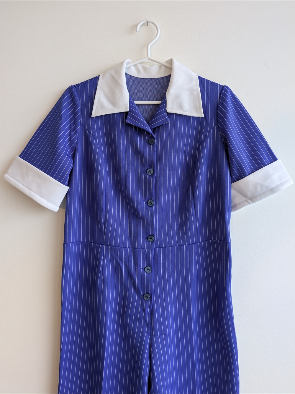 Vintage 70s Pinstripe Button-Front Jumpsuit in Blue with White Trim - Picture 2 of 4